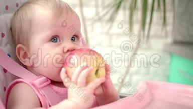 可爱的宝宝吃苹果。 儿童健康营养。 可爱的宝宝啃苹果